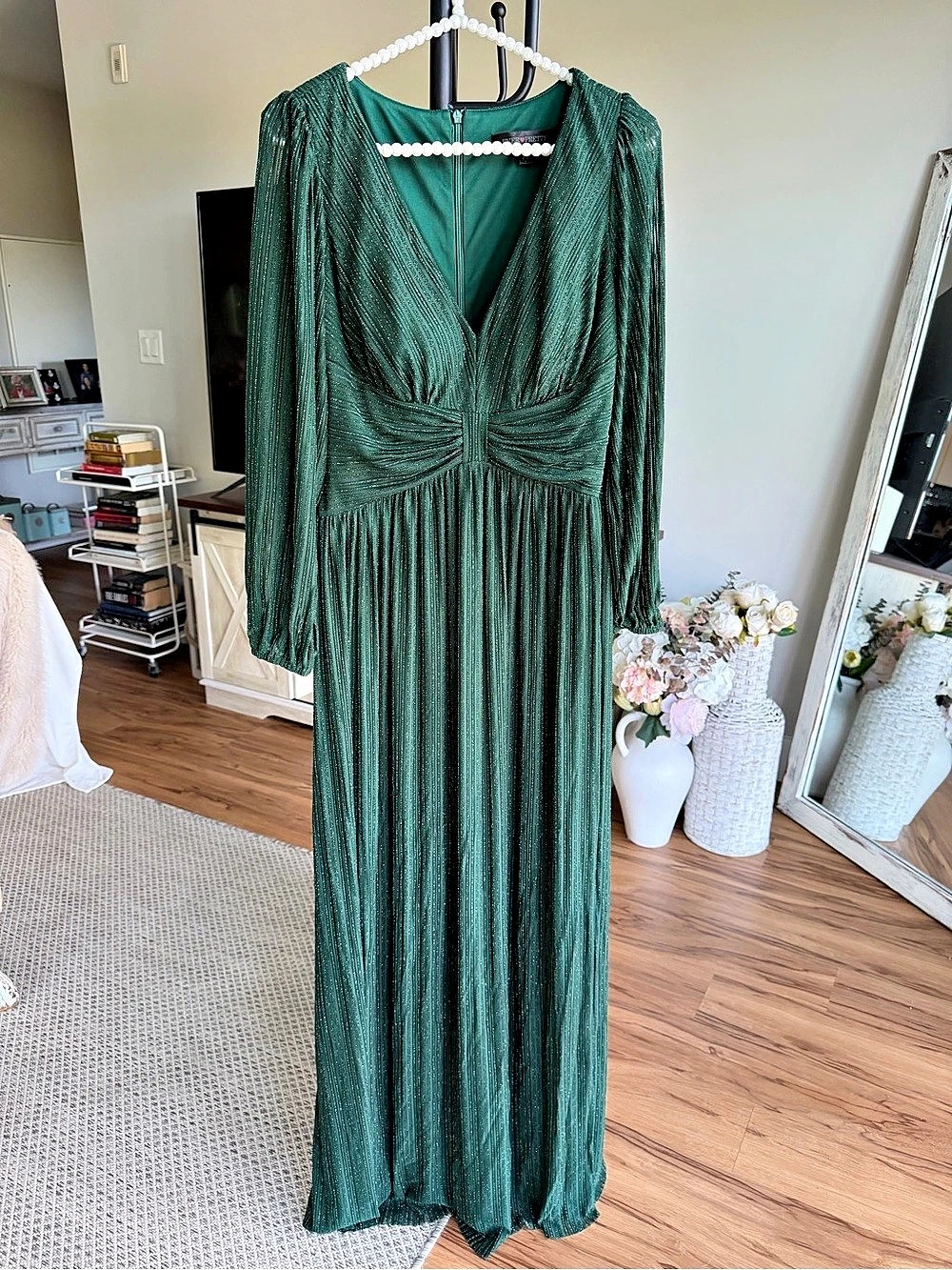 Ever-Pretty Shimmer Empire Waist Pleated Maxi Dress Green Like New